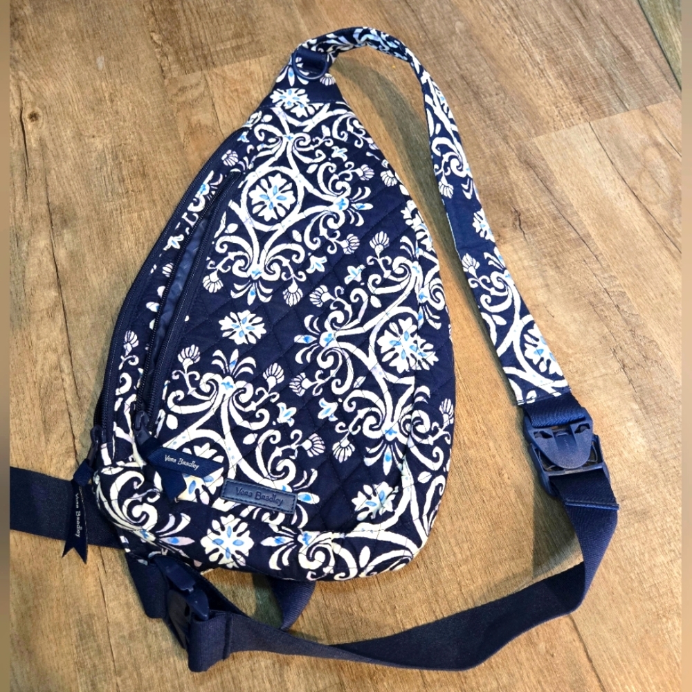 Vera Bradley Navy Blue and White Quilted Sling Backpack